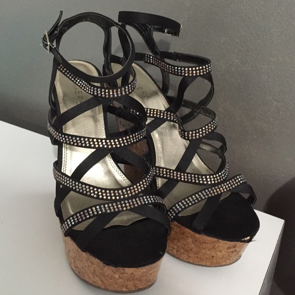 Black rhinestone strappy wedges