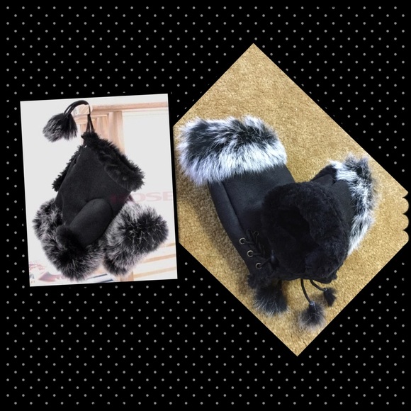 Faux leather rabbit fur wrist fingerless gloves - Picture 2 of 2