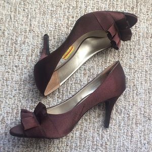 Brown Satin Peep Toe Heels