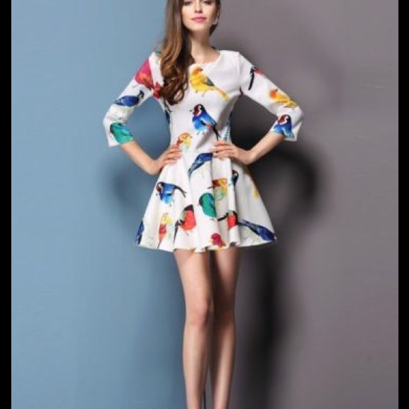 Boutique dress, elegant bird print.