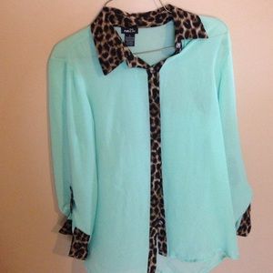 mint green and leopard button up blouse