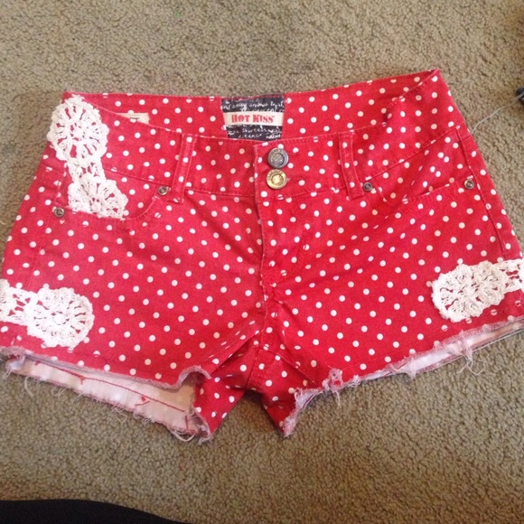 red shorts with white polka dogs and white lace