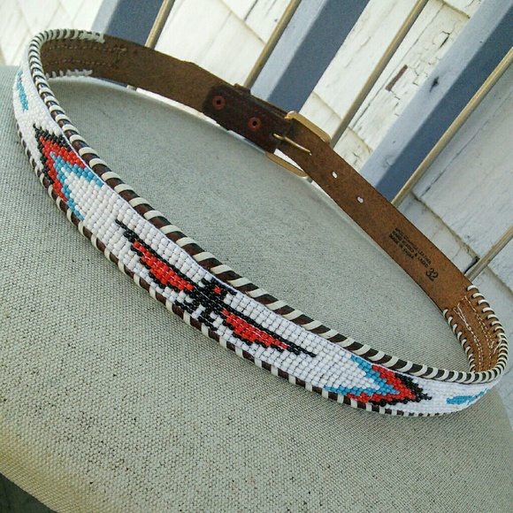 vintage Accessories - Vintage Boho Leather and Beaded Belt