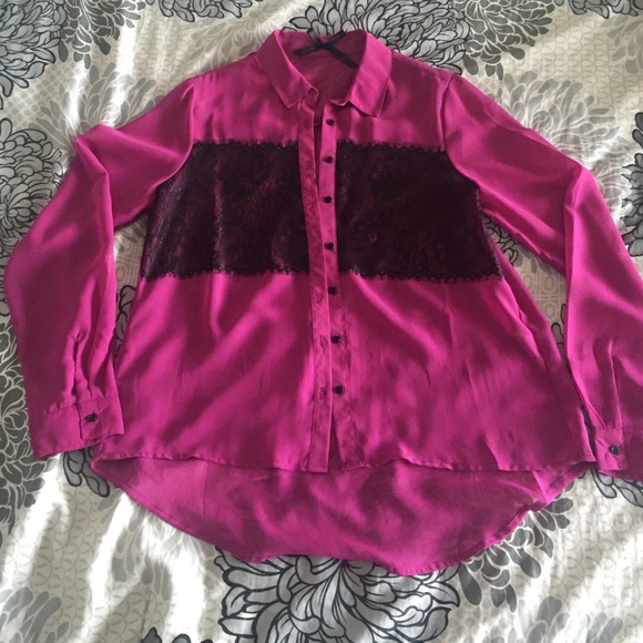 Magenta Button Down with Lace Panel