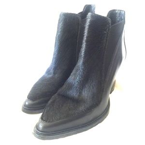 OFFICE UK Block Heel Leather Ankle Boot w/Cow Hair