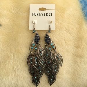 Peacock earrings with dark and blue rhinestones