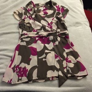 Brown and purple floral wrap blouse