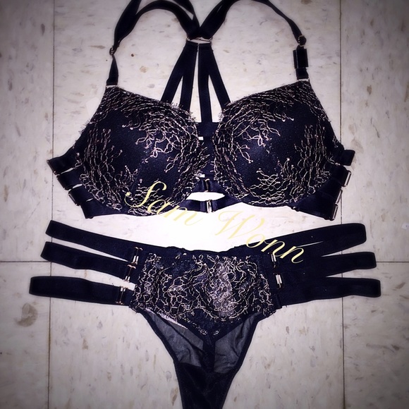 New VS Lingerie Set Black Gold Lace Strappy Panty