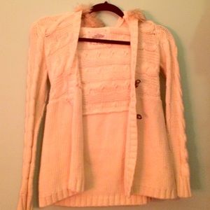 Cream Knit jacket w/ fur hood and button up