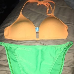 VS PINK orange bikini top/neon green bottoms
