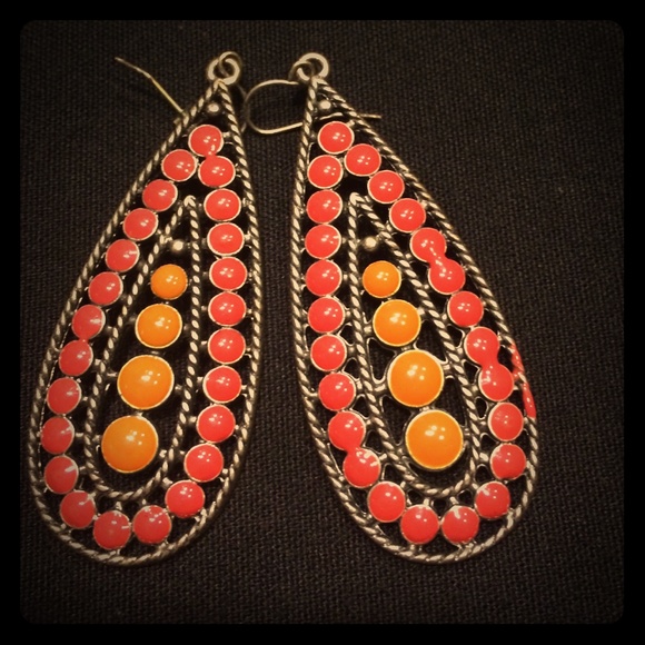 Silver Enamel Terra Cotta Teardrop Earrings