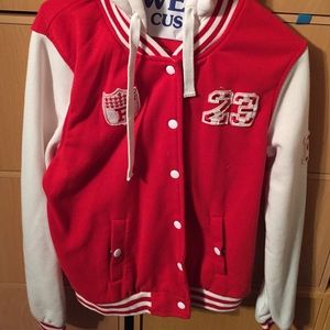 Red varsity jacket with a hood