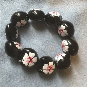 Free Hand Painted Kukui Nut Bracelet with Hibiscus