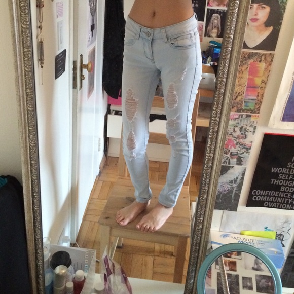 Denim - Light wash distressed skinny jeans