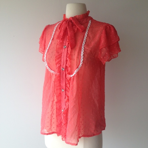 Peachy button up blouse with bow - Picture 3 of 4