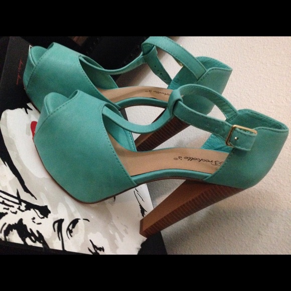 Teal peep toe strap heels