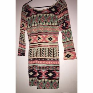 Aztec Printed Bodycon 3/4 Sleeve Dress