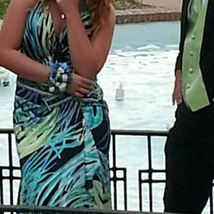 Black, green, blue halter prom dress
