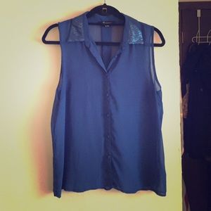 Sheer, sleeveless, button down blouse
