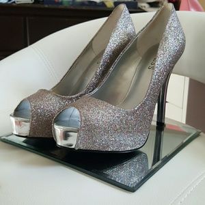 Multi color Sparkly open toe Guess heels