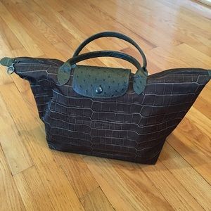 Longchamp Croco Le Pliage Large Olive Tote