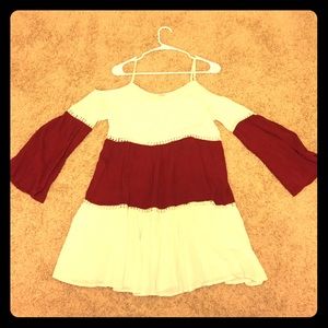 Maroon and off-white open shoulder dress