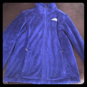 blue woman's fuzzy north face