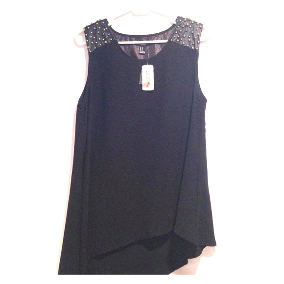 Asymmetrical studded/leather shoulder top