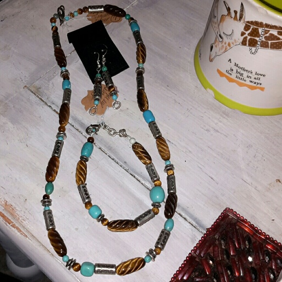 TIGERSEYE +TURQUOISE Silver ARTESIAN  custom made"'3 pc set" - Picture 1 of 1