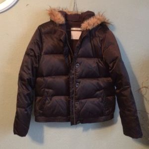 Brown fleece lined puffer jacket with fur hood