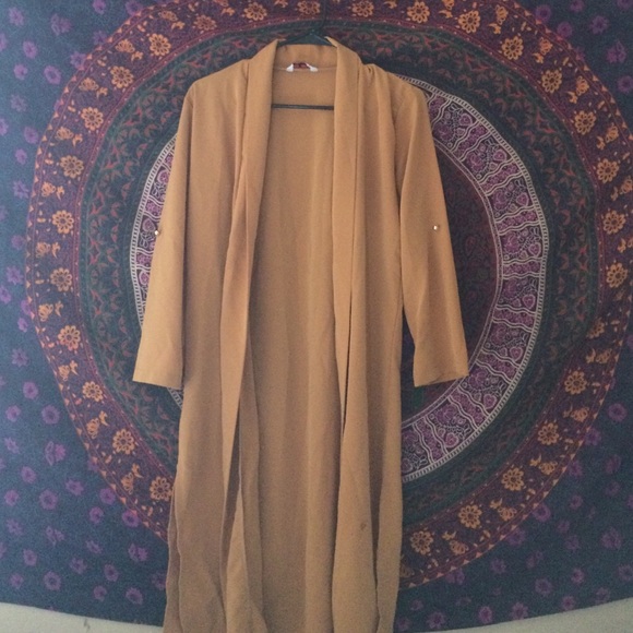 Long Mustard Orange Open Cardigan with Slits