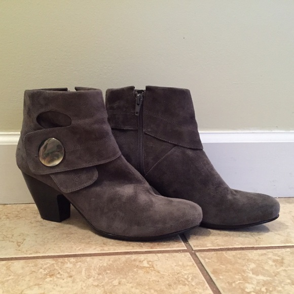 Gray Suede Vaneli Heeled Booties with Button