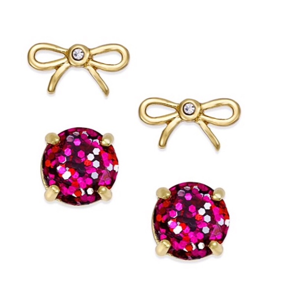 Kate Spade Pink Glitter & Bow Earrings Set - Picture 1 of 4