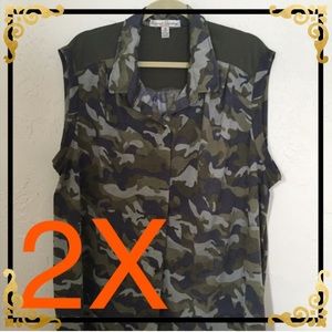 Camo Print Sleeveless Button Down Top