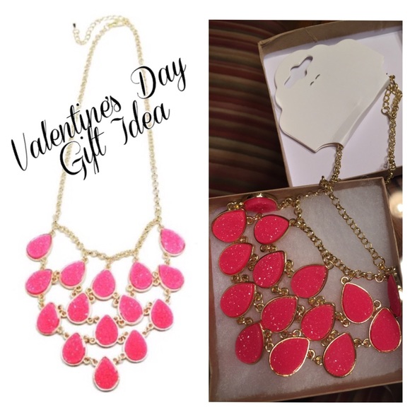 Druzy Natural Stone Pink Teardrop Necklace