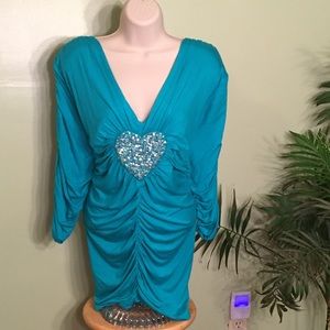 🔚NWOT Marc Bouwer Teal Ruched Sequin Heart Top