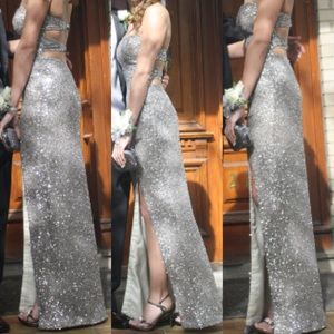 ✨Silver Beaded Strapless Open Back Prom Dress