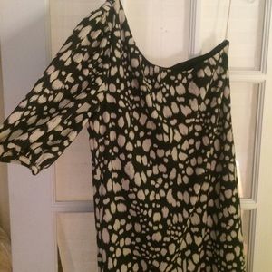 Navy and white patterned one sleeve dress