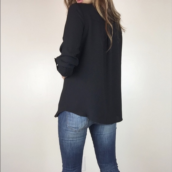 • SOLD • Black Collarless Blouse L - Picture 2 of 4