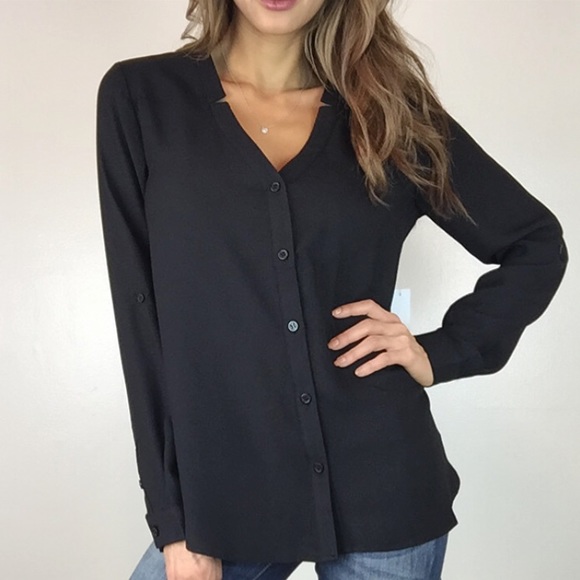 • SOLD • Black Collarless Blouse L - Picture 3 of 4