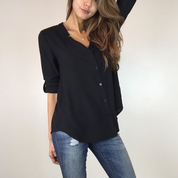 • SOLD • Black Collarless Blouse L - Picture 4 of 4