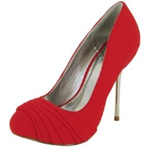 Red Pleated Wrapped Almond Toe Silver Metal Pump 8