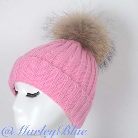 One Left!HP🎉Pink Winter Knit Hat Genuine Fur Pompom