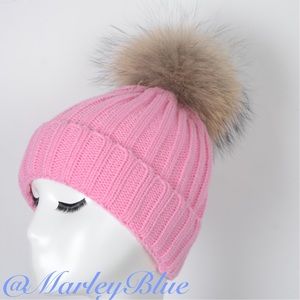HP🎉Pink Winter Knit Hat Genuine Fur Pompom