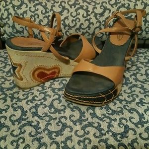 Tan and denim wedges