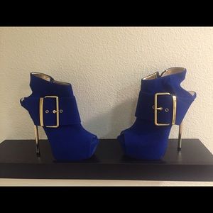 Royal Blue Suede Shoes with Gold Heel.