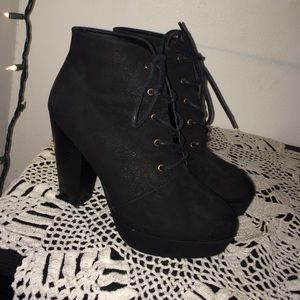 Black lace up high heel booties