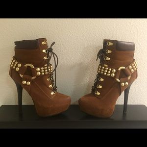 Brown and gold high heel ankle boots