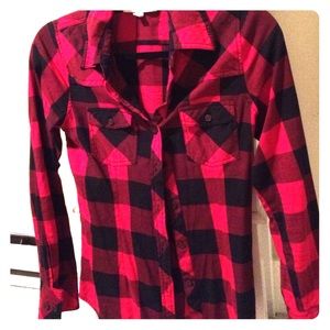 Red and black plaid button down shirt