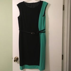 Green and black color blocked dress with belt